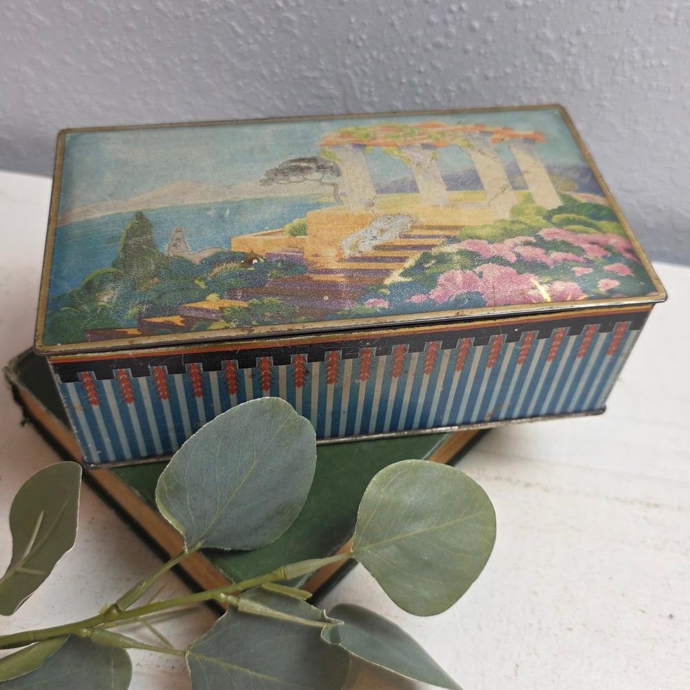 Antique Canco Art Deco Tin Mediterranean Landscape Scenic Geometric Stripe Box